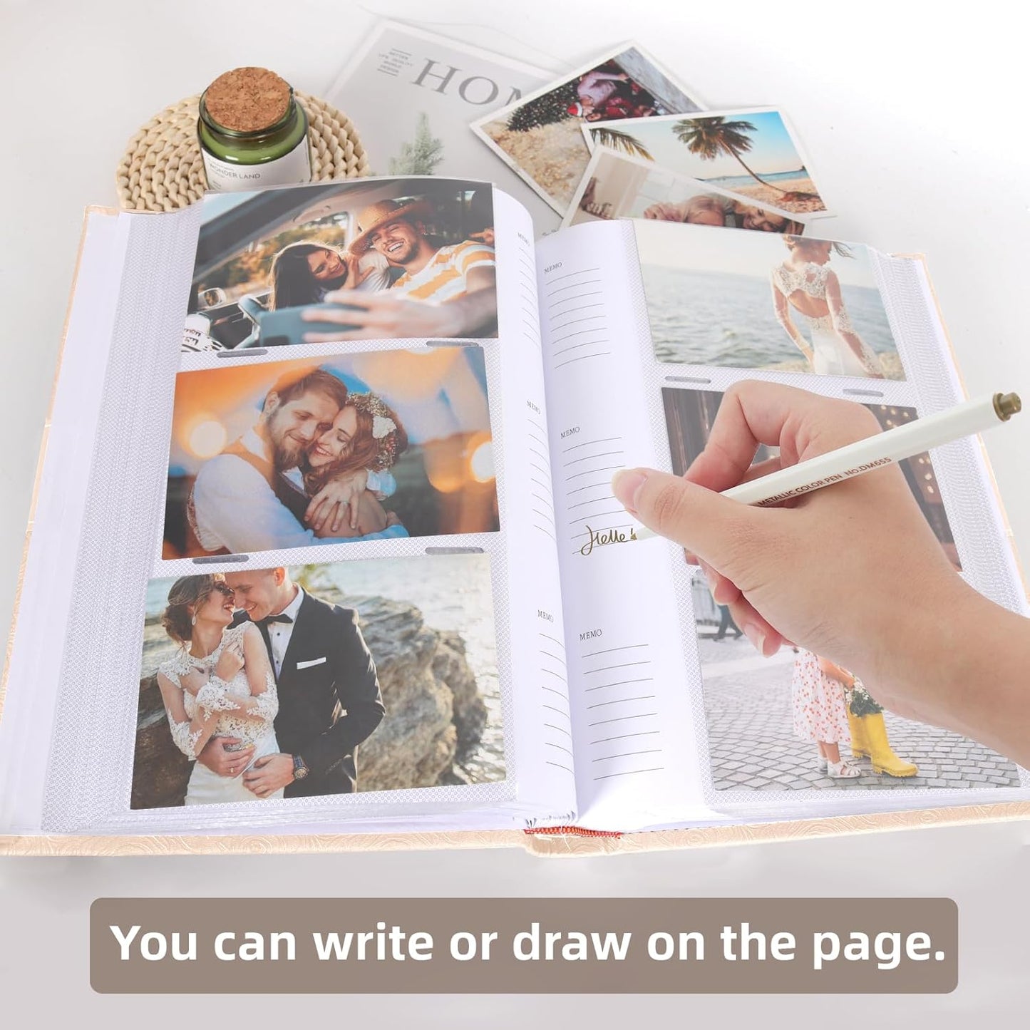 RECUTMS Photo Album with Writing Space 4x6 300 Pockets Photo Book,Leather Cover Picture Album with Memo Areas for Wedding Anniversary Family Baby Couple Valentines Graduation Travel (Beige)