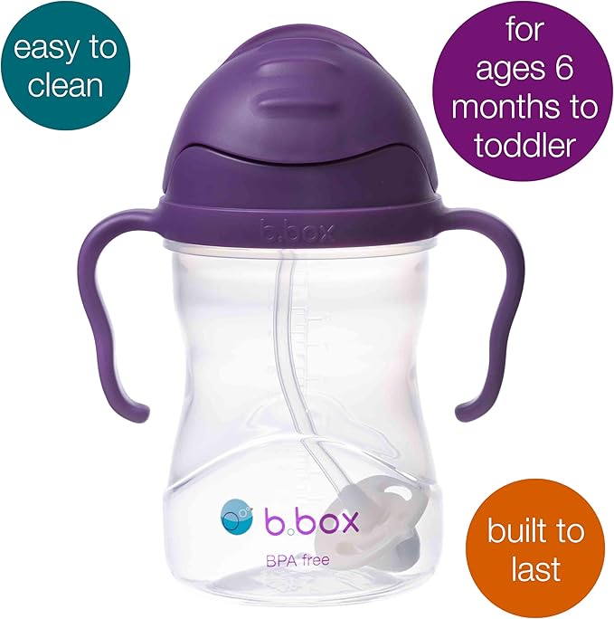 b.box Sippy Cup with Weighted Straw. Drink from any Angle, Leak Proof, Spill Proof, Easy Grip. BPA Free, Dishwasher Safe. For Babies 6m+ to Toddlers (Grape, 8oz)