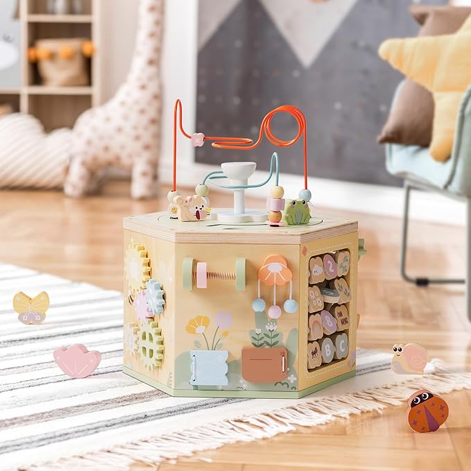 ROBUD 13-in-1 Wooden Activity Cube, Montessori Toys for 1+ Year Old Boys & Girls, Multipurpose Educational Sensory Toy for Toddlers, Educational Learning Toys, Fountain Garden Theme