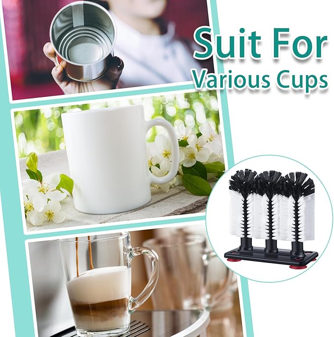 Havawish 3 Pack Water Bottle Cleaning Brush with Suction Base, 3 Head Bristle Bar Glass Washer for Sink, Cup Washer Brush Cleaner for Bar Beer Cup, Wine Glass(7.3 x 3.7 x 7.5)