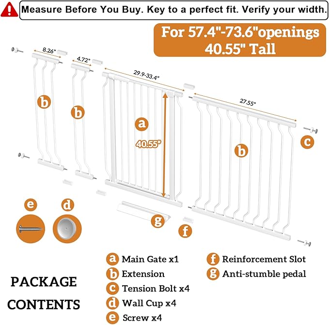 Extra Tall 40.55" Gate, 57.48-73.62" Extra Tall and Wide Dog Gate,Extra Wide Baby Gates Pressure Mounted Walk Through for Doorways,Stairs, Kitchen White