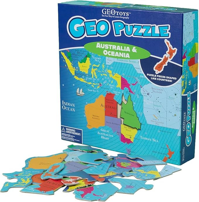GeoToys GeoPuzzle, Australia & Oceania Shaped Jigsaw Puzzles, 70 Pc Geography Puzzle, Geography Game, Map Puzzle - Jigsaw Puzzles for Kids Ages 6-9 Years Old