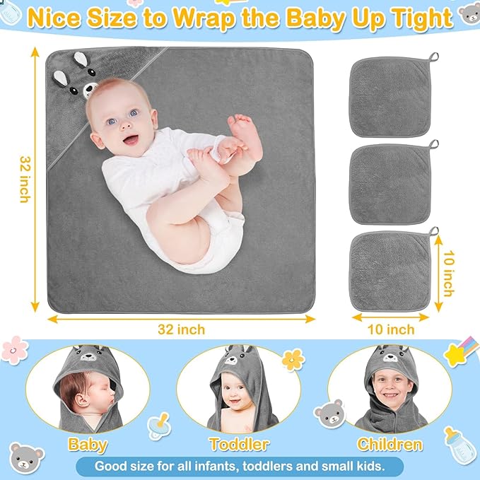 4 PCS Hooded Baby Towels, Soft Baby Towel, Absorbent Baby Bath Towel, Baby Towels and 3 PCS Baby Washcloths for Newborns, Toddlers, and Kids, 32x32 in Baby Towel with Hood for Boy and Girl (Gray Bear)