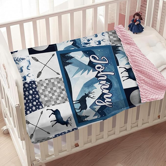 Personalized Woodland Deer Baby Blanket with Name, Custom Baby Name Blanket for Toddler Infant, Double Layer Receiving Swaddle, Customized Gifts for Newborn Shower Birthday Expect Mom(60"x80")