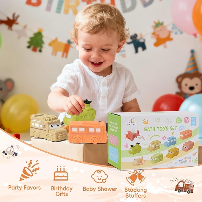 Mold Free Baby Bath Toys, 9 PCS No Hole Vehicle Bath Toys, Soft & Safe Toddler Bath Toy Set, Bathtub Water Beach Pool Toys for Babies 6-12 Months, Baby Gift for Christmas, Birthday, Stocking Stuffers