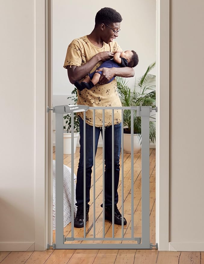 BABELIO 36" Tall Narrow Baby Gate, 26-28.5" Auto-Close Metal Dog Gate for Small Stairs/Doorways/Hallways, NO Drilling Pressure Mounted for Child and Pets, NO Extensions, Gray