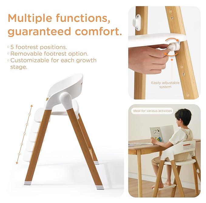 KUB High Chair for Babies and Toddlers Adjustable Foldable Convertible 5 Point Harness Easy Clean Wood-Printed Metal with Removable Tray Baby Highchair for Family (White&Natural Wood-Printed Metal)