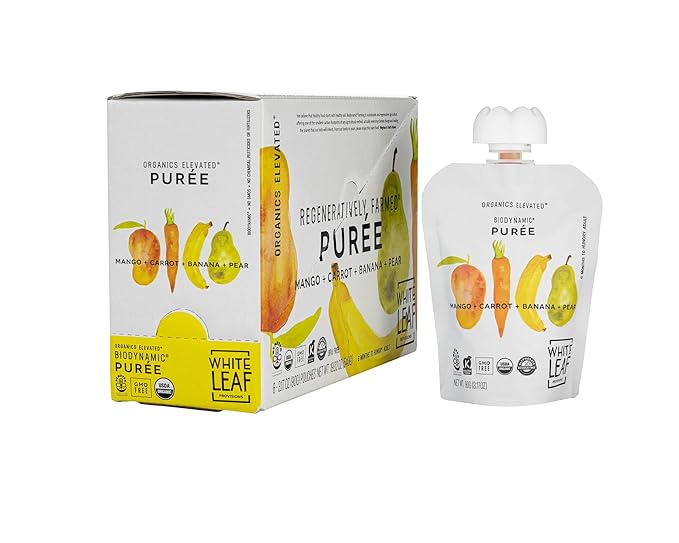 White Leaf Provisions Organic Purees / Baby Food Pouches - Fruits, Veggies & Grains, Toddler snack, Regeneratively Farmed, No Added Sugar, Non-GMO, BPA-Free Pouches 3.17 oz (Pack of 24, Mango + Carrot + Banana + Pear)