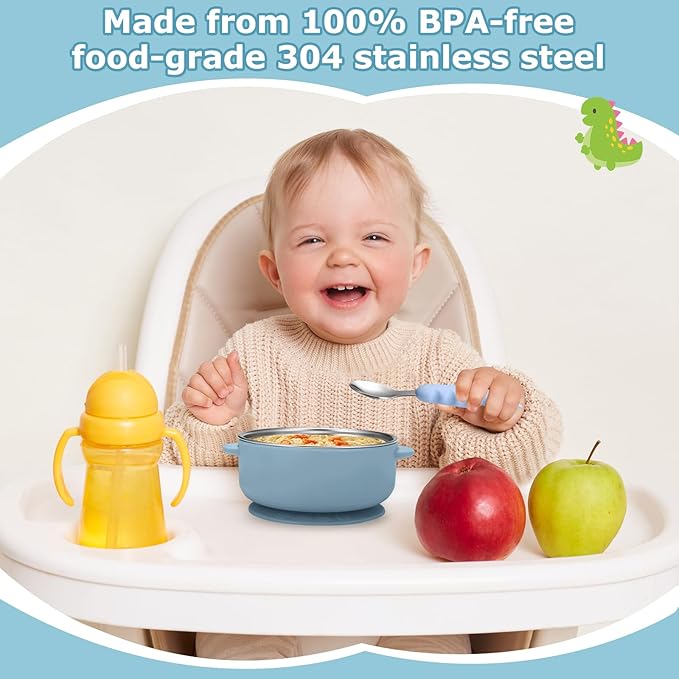 2 Pack Stainless Steel Baby Bowls with Removable Non-Slip Silicone Suction Shell, Anti Scald Food Container for Baby Food Feeding-Blue & Yellow