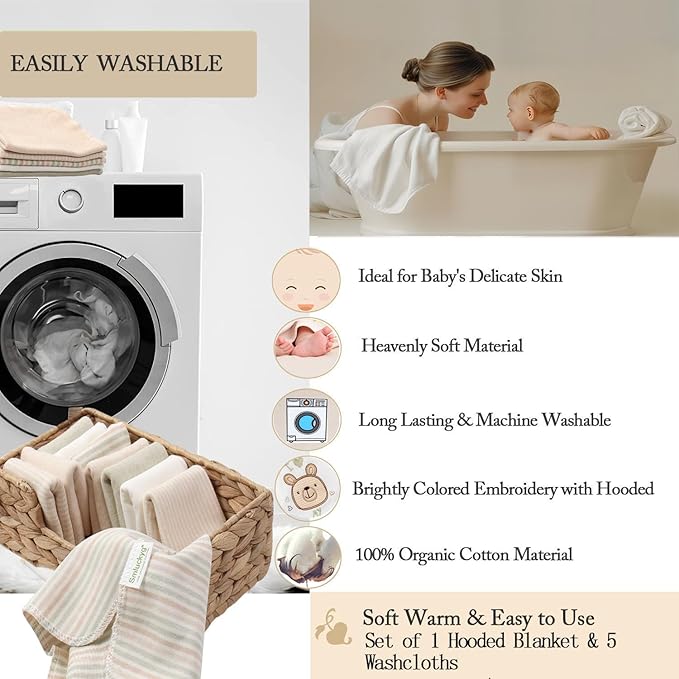 6-Pack Baby Hooded Towel and 5 Washcloths Set, Premium Ultra Soft Reusable 100% Organic Cotton Baby BathTowel, Baby Blanket for Newborns, Infants, Toddlers, Stripes, 30 x 30 Inch
