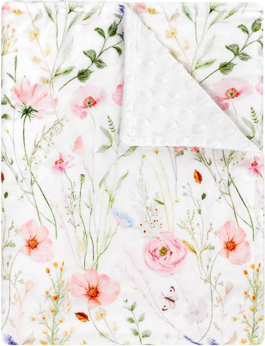 Super Soft Minky Toddler Blanket 30x40 Inches, Double Layer, Dotted Backing, Floral Baby Crib Blanket for Nursery, Car Seat, Pet, Colorful Flowers