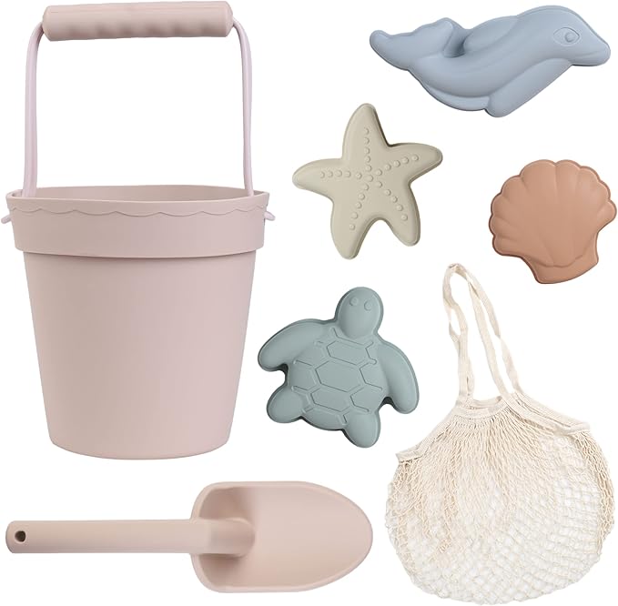 BLUE GINKGO Modern Baby Toys | Travel Friendly Beach Set | Silicone Bucket, Shovel, 4 Sand Molds, Bag | Sand Toys for Toddlers, Kids - 7pc (Pale Pink)
