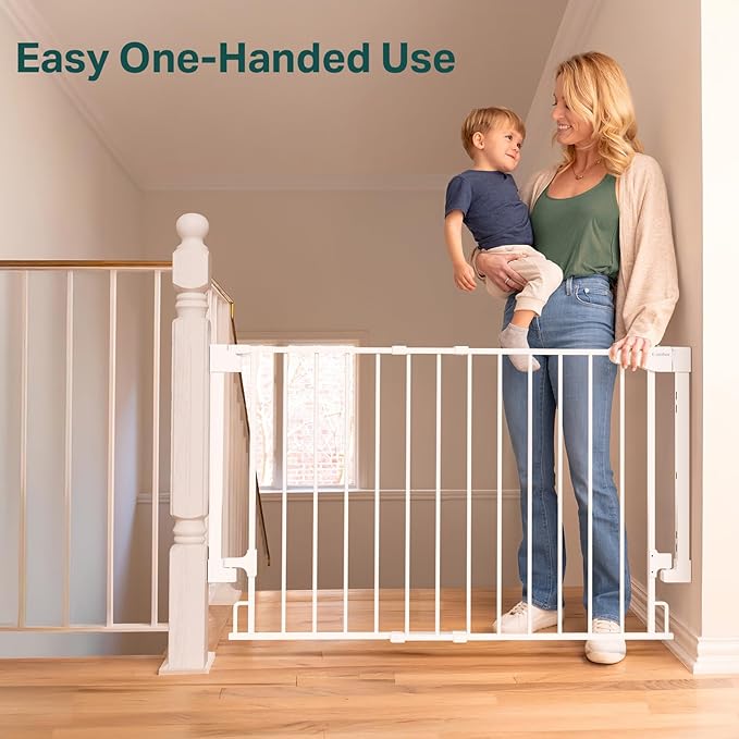 Cumbor 29.2–43" Baby Gate for Stairs, Wall-Mounted (Drill Required), Expandable No Bottom Bar Dog Gate, Auto Close Extra Wide Walk Thru, Pet & Toddler Proof Gate, Top & Bottom of Stairways (White)