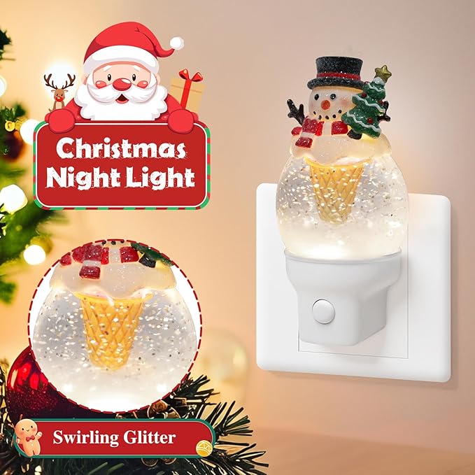 Christmas Night Light Plug into Wall Glitter Water Nightlight with USB/Outlet Options, Christmas Snowman Ice Cream Decorative Nightlight for Bedroom Holiday Decorations Gifts (Snowman Ice Cream)
