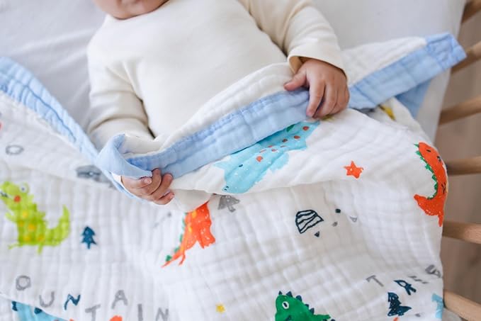 100% Cotton Muslin Baby Blanket | Soft & Breathable 6-Layer Swaddle & Receiving Blanket | Lightweight Quilt for Newborns, Infants & Toddlers | Gender-Neutral (Dinosaur Dreams)