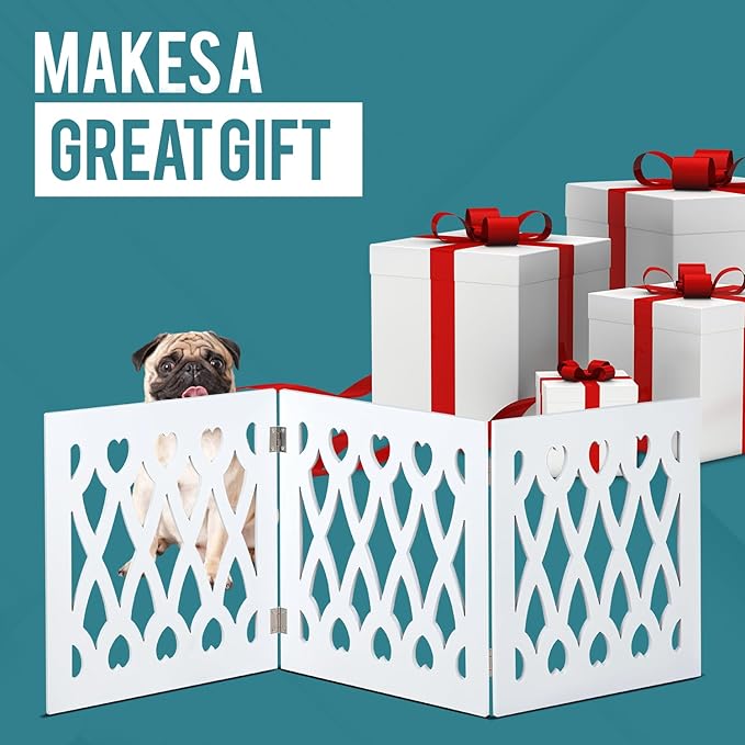 Bundaloo Freestanding Dog Gate Expandable Decorative Wooden Fence for Small to Medium Pet Dogs, Barrier for Stairs, Doorways, & Hallways (Hearts N' Diamonds)