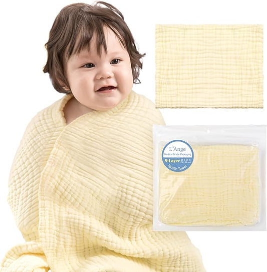 L'Ange Baby Bath Towel - 9 Layers 100% Cotton Muslin, Super Quick Dry, Medical Grade Packaging for Infants and Newborns - 28 x 37in - Yellow