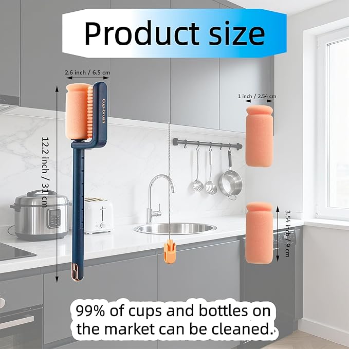 Bottle Brush Cleaner, 3-in-1 Water Bottle Cleaner Brush Straw Nipple Bottle Cleaner Brush Set Long Handle Bottle Cleaning Brush for Washing Tumblers, Sport Bottles, Cup Lid Cleaning Brush Blue