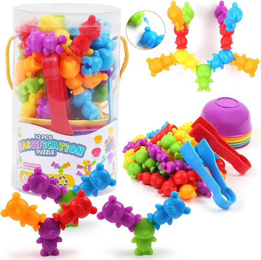 UNIQUE KIDS Counting Matching Game with Sorting Cups, Color Classification and Sensory Training Educational Learning Toys Set Gift for Toddlers Preschool Ages 3 Years and up (New Stacking Bear)