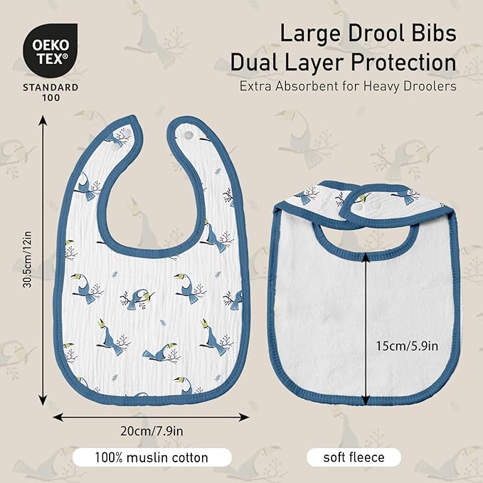 GLLQUEN BABY Muslin Drool Bibs for Boys Girls 8 Pack, Adjustable Baby Bibs for Drooling and Teething, Soft Cotton Baby Bandana Bib for Newborn Feeding Essentials (Toucan)