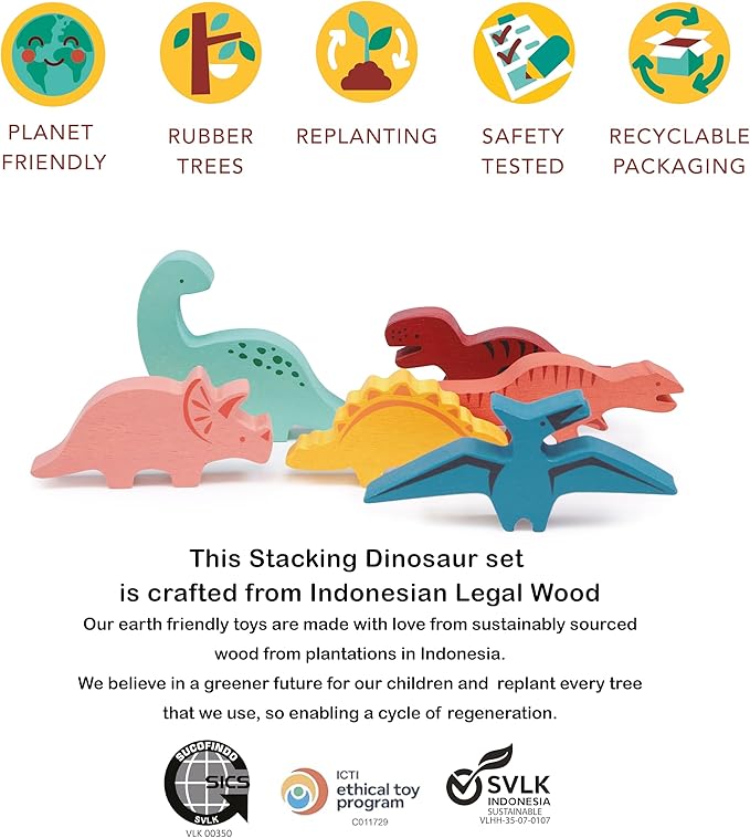 Mentari Toys - Happy Stacking Dinosaurs - 6pc Wooden Stacking Toy for Toddlers - Colorful Dinosaur Balancing Activity Toy with Bag - Boost Fine Motor Skills and Dexterity - Age 18m+