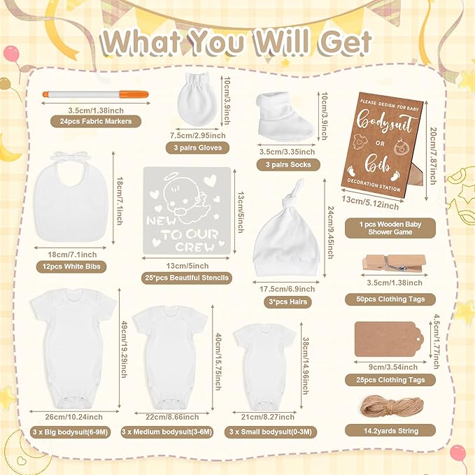 162Pcs Baby Shower Game Decorations Kit with Bibs, Fabric Markers, Wooden Sign, Bodysuits & Tags