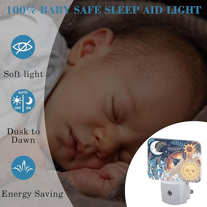 Boho Moth Mushroom Night Light for Kids, Sun and Moon With Faces LED Night Light Plug into Wall with Dusk to Dawn Sensor for Girls Boys Women Men Room, Hallway, Kitchen, Bathroom, Stairs Decor