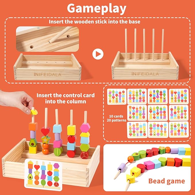 Toddler Learning Montessori Toys for 3 4 5 6 Year Old,Rainbow Stacking & Lacing Beads & Matching Shape Stacker - Wooden Peg Board Beads Sequencing Toy Set - Fine Motor Skills Toys