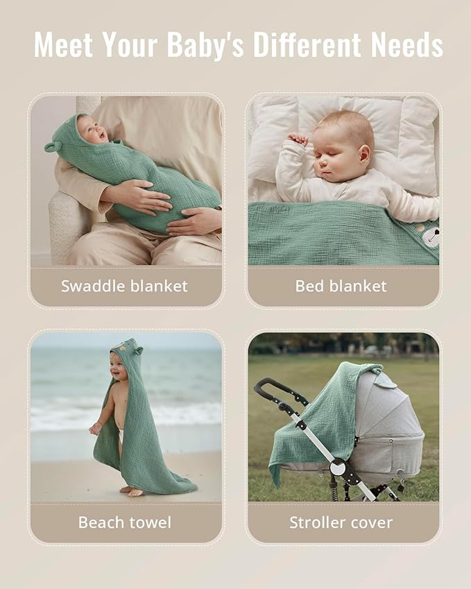 Blissful Diary Muslin Baby Hooded Towel, Soft and Absorbent Bath Towel for Newborn, Infant, Toddler, Unisex, 32″x32″ - Smart Bear