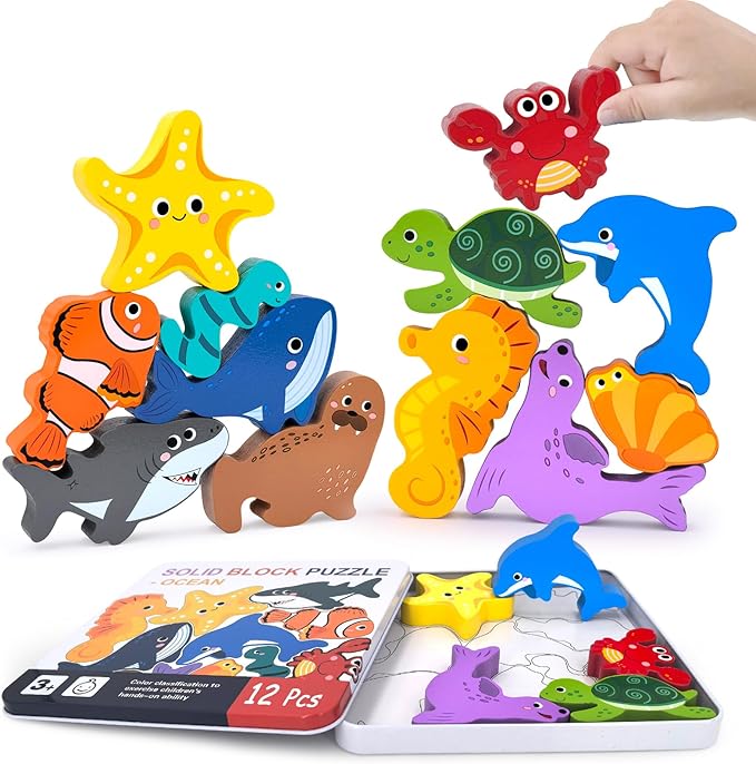 Wooden Animal Puzzles Toys for Toddlers,12 Pcs Sea Animals Figures,Animal Matching Sorting Stacking Toy for Boys Child Girls,Educational Learning Toys Gift for Kids
