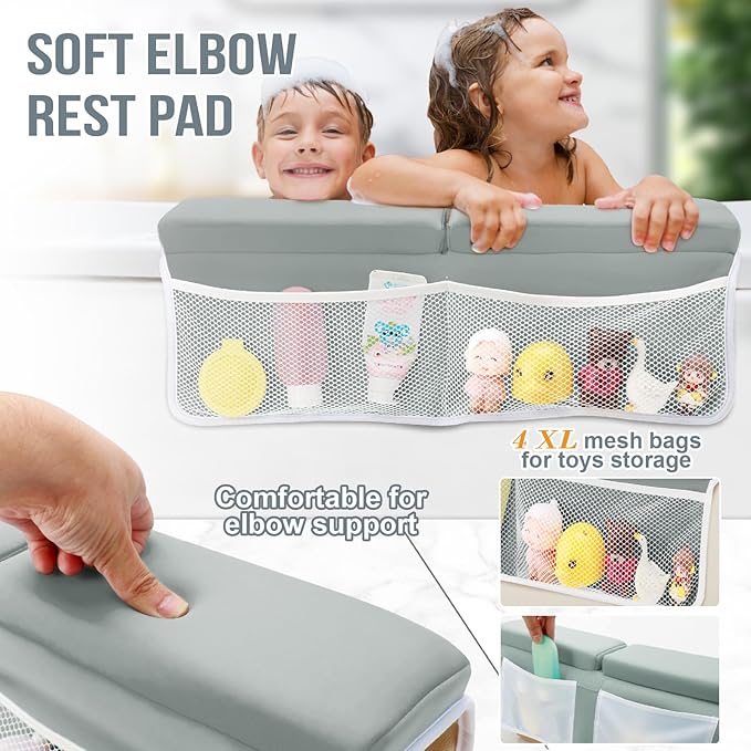 Bath Kneeler and Elbow Rest Pad Set, Thick and Quick Dry Kneeling Pad Support for Knee and Arm, Extra Large Baby Bath Kneeler Pads Bathtub Mat with Toys Organizer for Baby Bath Time, Grey