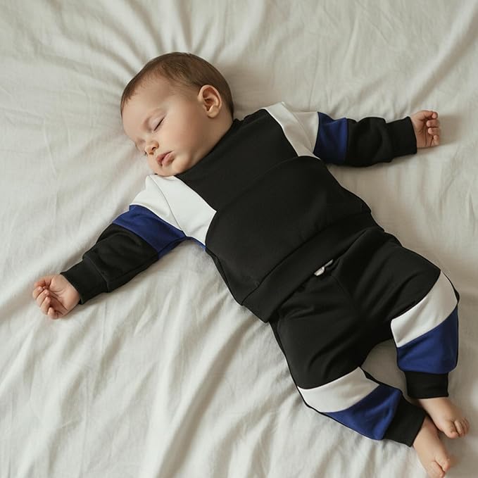 Kupretty Toddler Baby Boy Fall Winter Clothes Color Block Long Sleeve Sweatshirt Pullover Tops + Joggers Pants Outfit Set