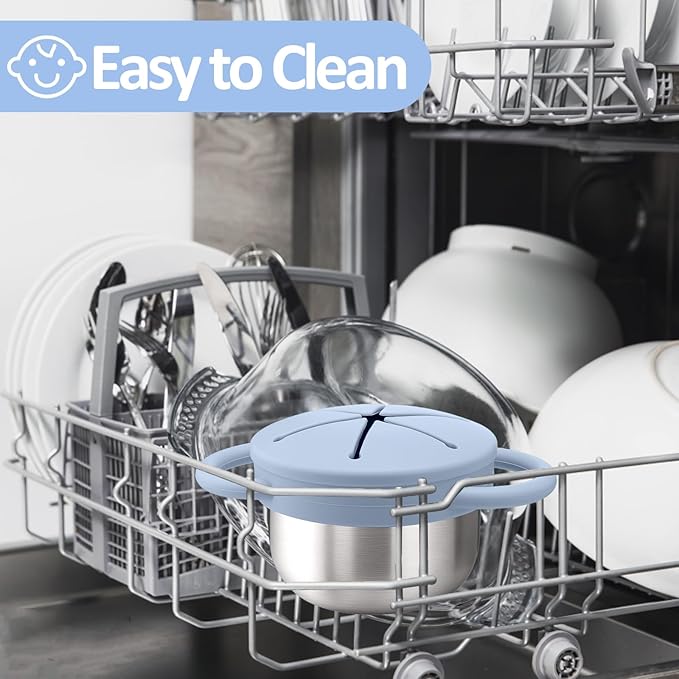 BUSOHA Stainless Steel Toddler Snack Cups - 9 OZ Spill-Proof Baby Snack Containers with Silicone Catcher and Lid Travel Snack Containers for Kids Food Grade Silicone Dishwasher Safe,Blue