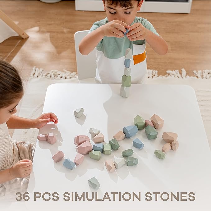 Comfy Cubs Stacking Rocks 36 Pieces, 36 Months+, Educational Toddler Stacking Blocks, Promotes Imagination, Balance & Fine Motor Skills - Wooden Rocks Sensory Toys Gift for Kid, Neutral Pack