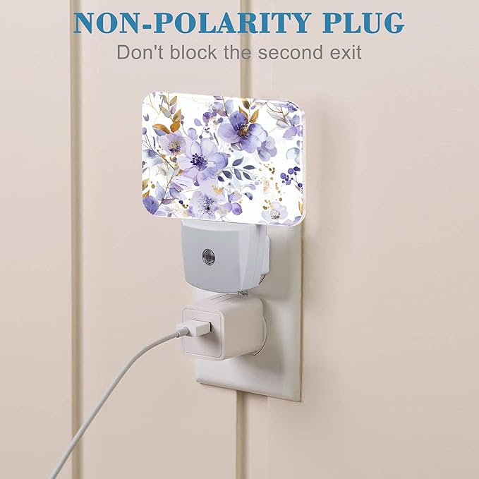 Elegant Purple Flowers Night Light, Watercolor Flowers Nightlight Plug into Wall with Dusk to Dawn Sensor for Kid Girls Boys Women Men Bedroom, Hallway, Kitchen, Bathroom, Stairs Decor