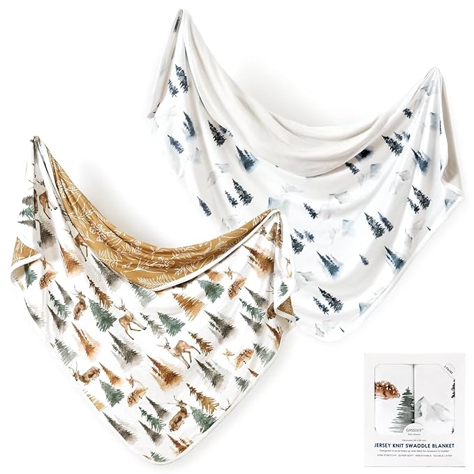 GRSSDER Baby Blankets Super Soft Stretchy Jersey Swaddle Blankets 2 Pack for Baby Boys, Double Layer Reversible Receiving Blankets 34 x 44, Extra Large for Swaddling, Deer & Forest