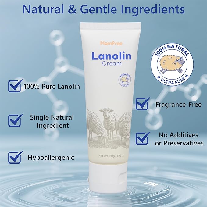 Natural Lanolin Nipple Cream: Soothing Nipples Cream Single Ingredient | Soothes Cracked & Sore Nipples | No Need to Remove Safe for Baby & Mom - 50g/1.76oz