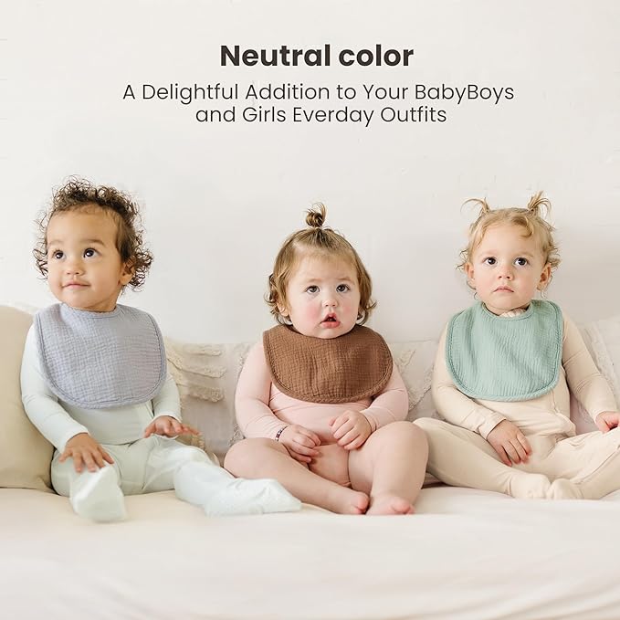 Konssy 10-Pack Muslin Baby Bibs, Soft Cotton Bandana Bibs for Drooling & Teething, Unisex Solid Colors for Boys & Girls, Newborn & Infant