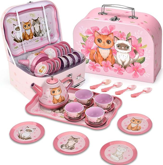Cat Tea Party Set for Little Girls - 19pcs Pretend Play Toy, Birthday Gift for Toddlers Ages 3 4 5 6 Year Old, Includes Kitten Tin Tea Set, and Carrying Case - Ideal Stocking Stuffers for Kids