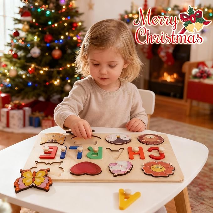 Personalized Wooden Name Puzzle for Toddlers 1-3 - Custom Baby Sensory Toy Easter Basket Stuffers - Early Learning Educational Toys for 1 Year Old Girl - 1st Christmas Birthday Gifts for Girl and Boy