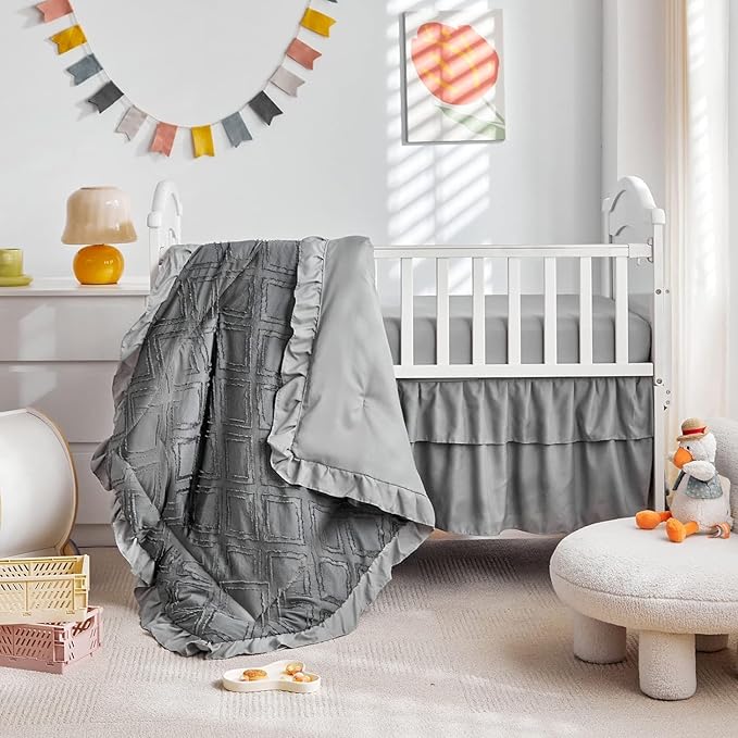 Mini Crib Bedding Set 3 Pieces Baby Boho Quilted Tufted Ruffles Comforter with Fitted Sheet and Ruffled Bed Skirt - Cute Shabby Baby Bedding Fits Mini Crib Only Gray