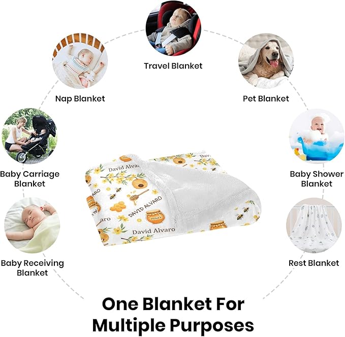 Ship Next Day, Personalized Baby Blanket for Boys Girls - Printed in USA, Custom Name Toddler Blanket with Honey Pattern, Perfect Newborn Gift