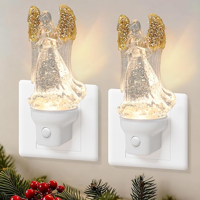 2 Pack Christmas Angel Night Light Plug into Wall Glitter Water Nightlight with USB/Outlet Options, Christmas Decorative Nightlight for Bedroom Kitchen Nursery Holiday Decorations Gifts (Angel)