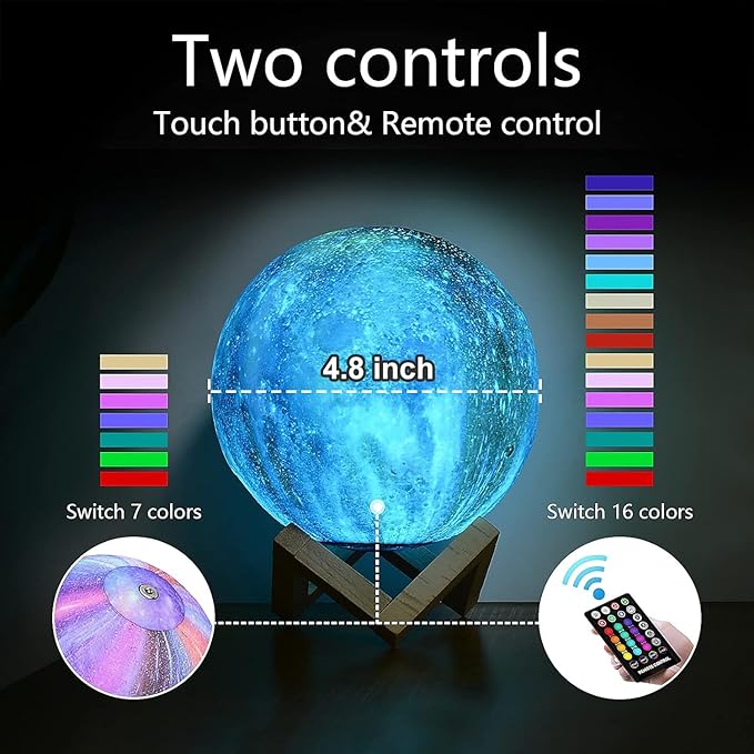 Moon Lamp, Kids Night Light Galaxy Lamp - 16 Colors Moon Light with Wood Stand Remote & Touch Control USB Rechargeable Gift for Girls&Boys Lover Birthday - 4.8 inch