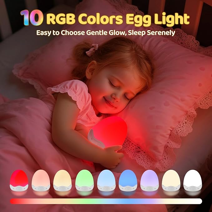Baby Night Light for Kids,10 Brightness+10 Colors Egg Light for Nursery, Touch+Remote+3600mAh Rechargeable Egg Night Light for Baby Nursery,Warm Light for Breastfeeding 1h Timer&Portable,Newborn Gifts