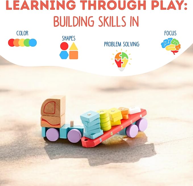 CUBIKA Wooden Geometric Shapes Truck– Montessori Toy for Toddlers Ages 3+– Shape Sorter and Stacking Truck Building Toy– FSC-Certified Wood, German Water-Based Paints, Travel-Friendly