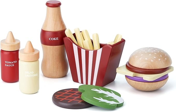 Wooden Play Food for Kids Pretend Hamburger Set Fast Food Toy Play Kitchen Accessories for Toddlers Toy Food Gift for Boys Girls Educational Toys