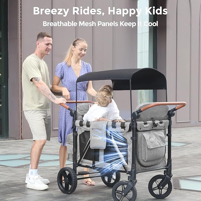 Premium 4-Seater Wagon Stroller for Kids, All-Terrain Heavy Duty Stroller Wagon with 300lb Capacity, 1-Hand Fold, High Seats with 5-Point Harness, Adjustable Canopy & Handlebars, Light Gray