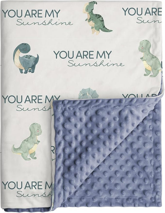 Dinosaur Baby Blankets for Boys, Super Soft Newborn Nursery Blanket with Double Layer Dotted Backing - Blue Babies Minky, Cozy Printed Bed Throw Blanket (30" x 40")