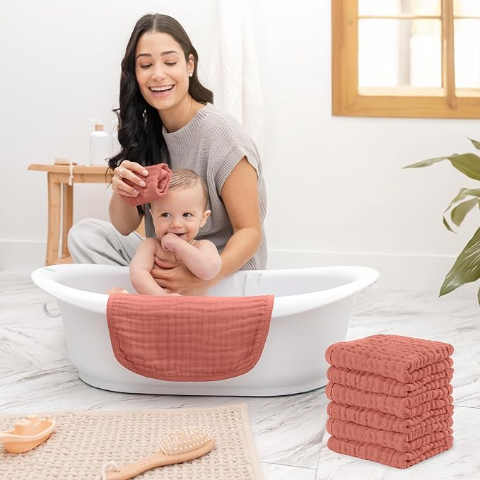 Comfy Cubs Muslin Baby Washcloths 10 Pack - Soft 6-Layer Cotton Wash Cloths for Sensitive Skin - 10"x10" Large, Gentle, Absorbent Infant Essentials for Newborn and Toddlers - Dusty Rose